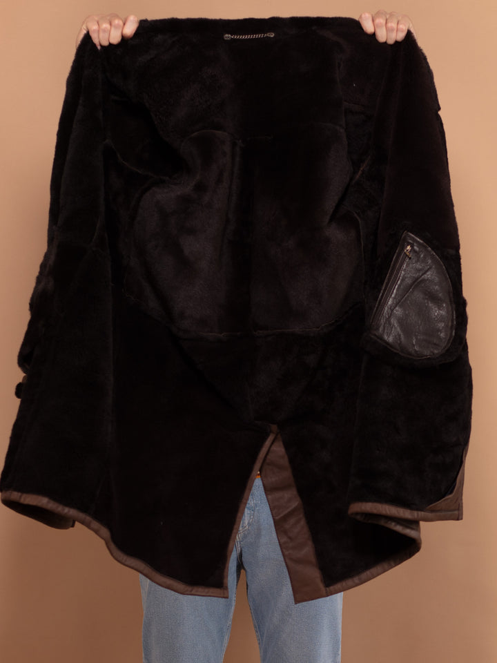 Soft Leather Shearling Coat 90s, Size Large, Vintage Men Classic Coat, Brown Sheepskin Coat, Vintage Outerwear, Winter Overcoat
