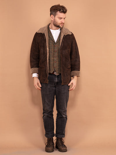 Men Sheepskin Bomber Jacket 90's, Size M Medium, Vintage Brown Leather Jacket, Durable Warm Winter Jacket, Zip Up Flying Jacket, Outerwear