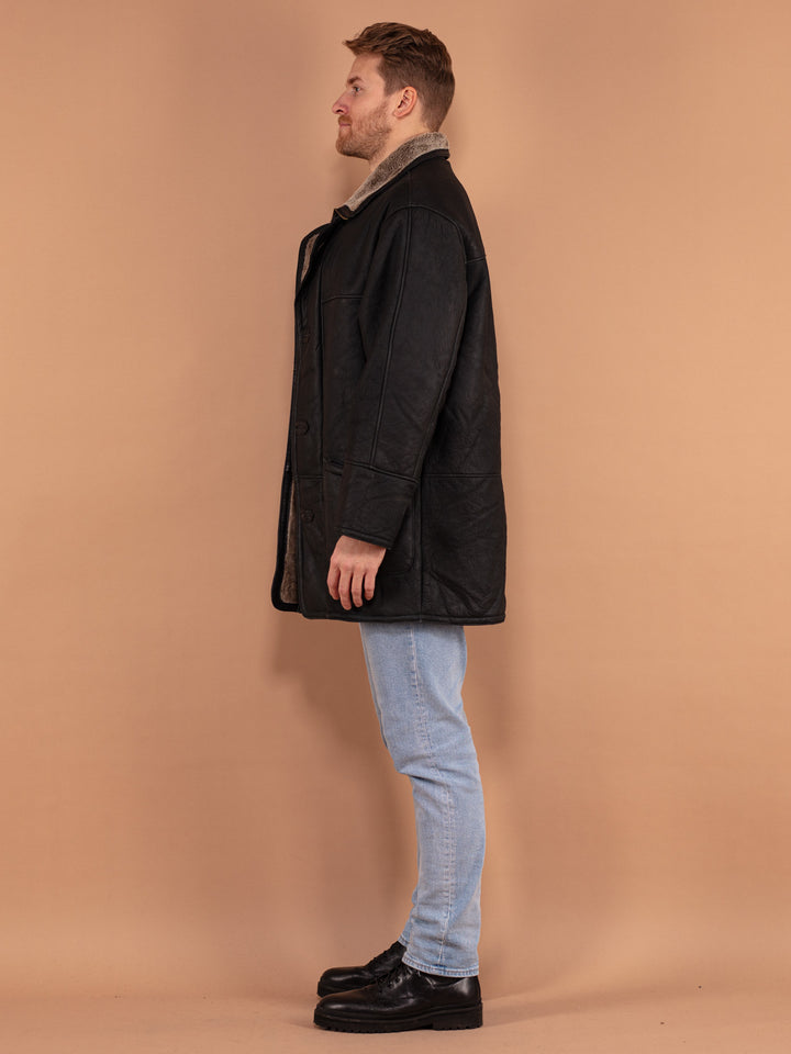 Black Sheepskin Coat 90's, Size Large XL, Vintage Sheepskin Coat, Mens Black Leather Overcoat, Cozy Winter Coat, Timeless Winterwear