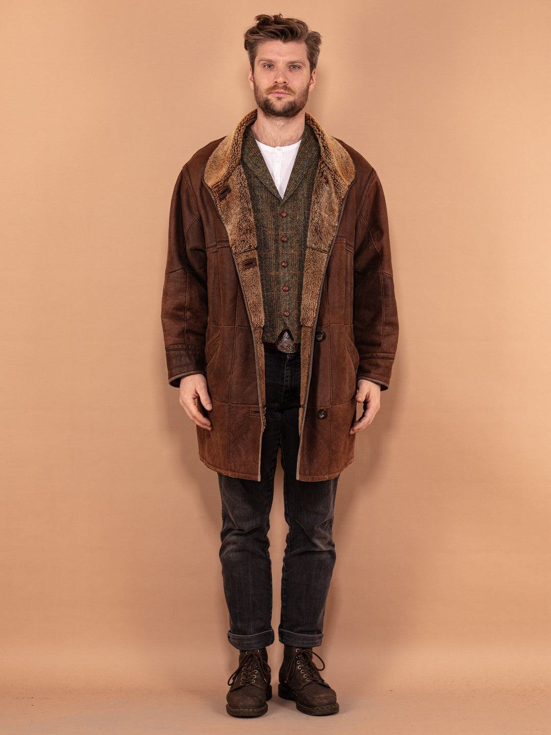 Men Sheepskin Leather Coat 90s, Size XL, Vintage Brown Winter Coat, Men Comfy Winter Wear, 90s Style Overcoat, Outerwear, 90s Oversized Coat