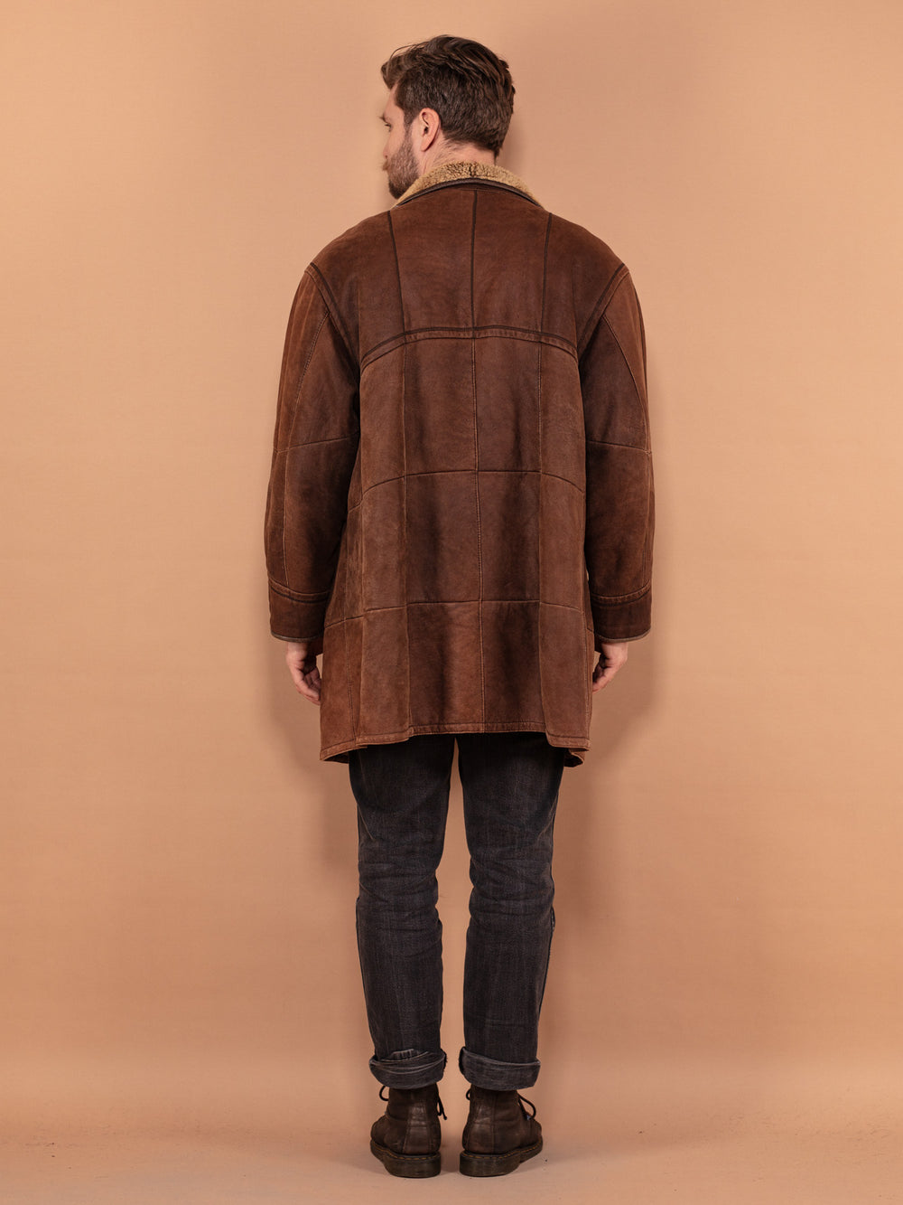 Vintage 90's Men Sheepskin Leather Coat in Brown - NorthernGrip