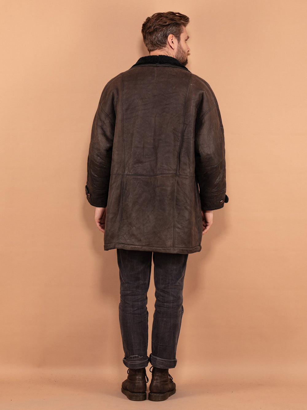 Vintage 90's Men Sheepskin Leather Coat in Grey - NorthernGrip