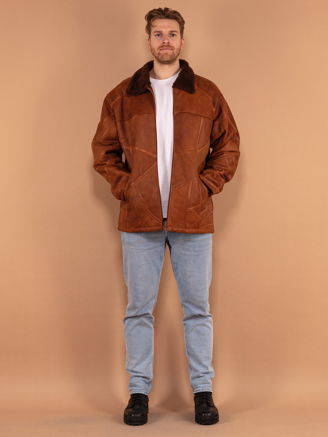 Patchwork Sheepskin Jacket 90s, Size XL, Vintage Brown Sheepskin Leather Coat, 90s Wool Collar Shearling Jacket, Outerwear, Zip Up Coat