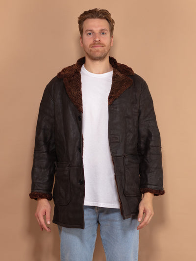 Men Sherpa Coat 90's, Size Medium, Vintage Dark Brown Leather Overcoat, 90s Faux Sheepskin Coat, Button Up Winter Jacket, Men Retro Clothing