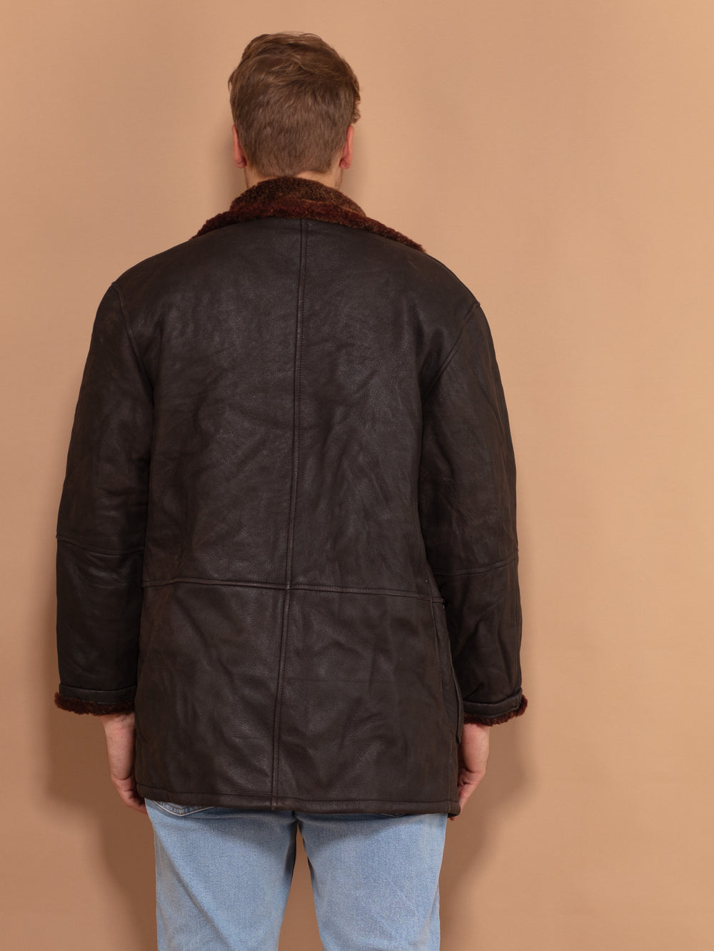 Vintage 90's Men Sherpa Leather Coat in Dark Brown - NorthernGrip