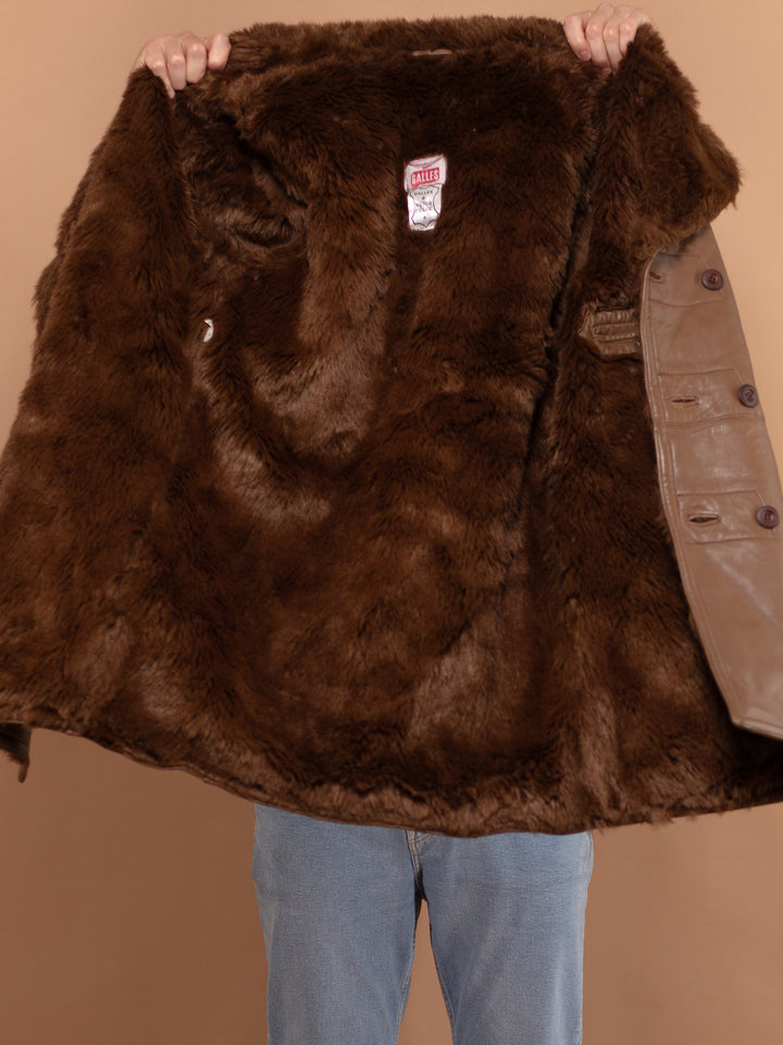 Faux Sheepskin Coat 90s, Size Large, Vintage Brown Leather Coat, Faux Shearling Fur Lined Coat, Double Breasted Men Retro Sherpa Coat