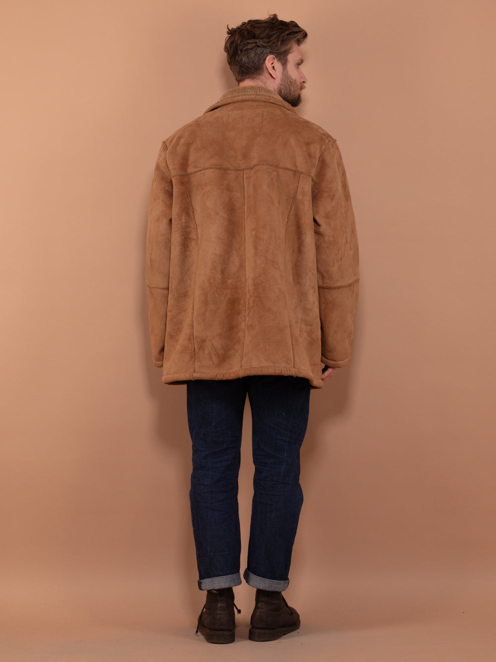 Vintage 90's Men Faux Sheepskin Coat in Beige - NorthernGrip