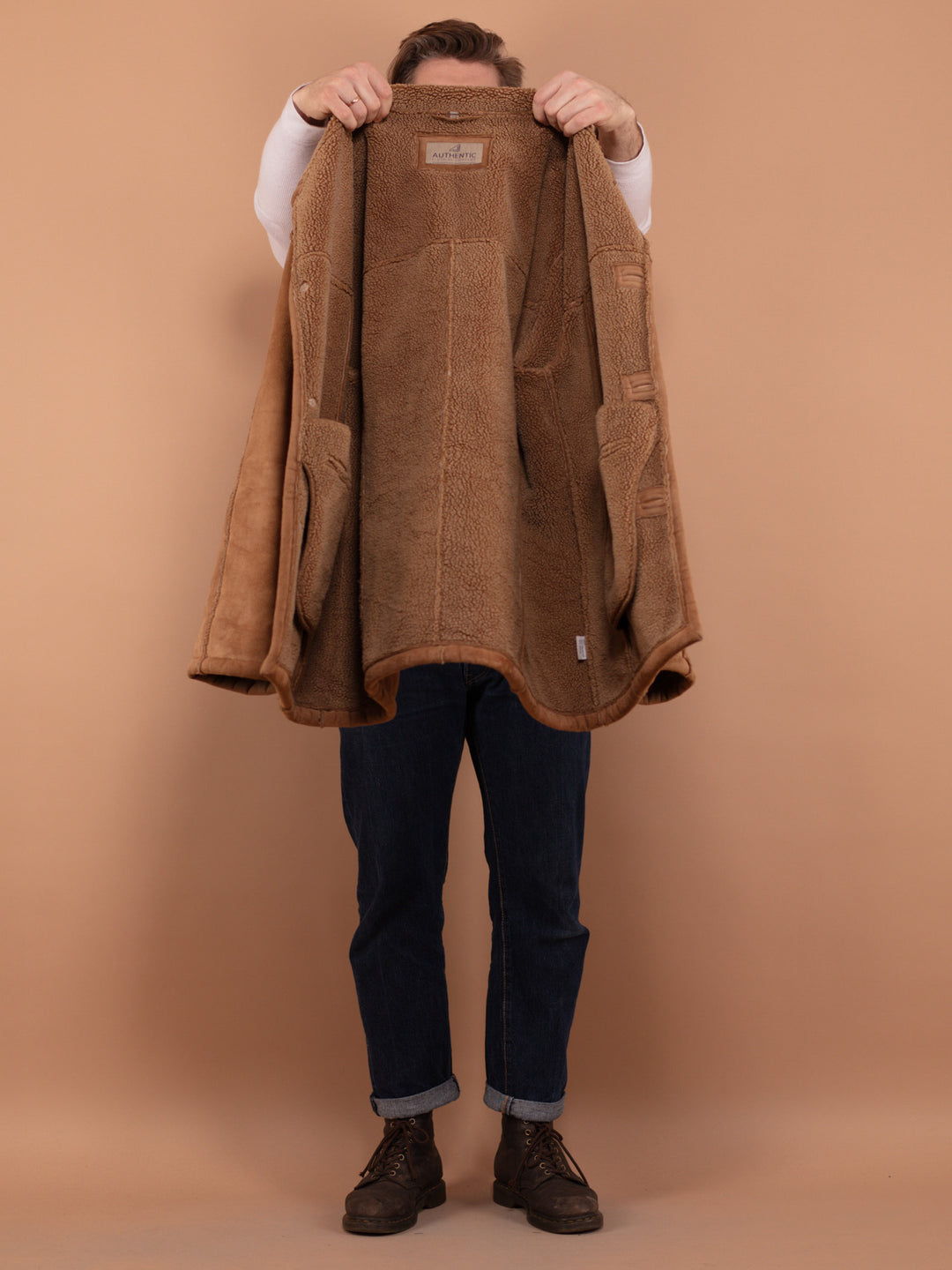 90's Sherpa Lined Coat, Size XL, Oversized Faux Sheepskin Jacket, Vintage Men Western Coat, Lightweight Faux Suede Button Up Jacket