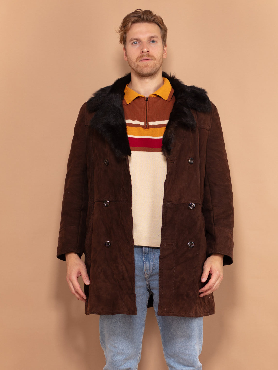 Men Suede Sheepskin Coat 90s, Size Medium, Vintage Chocolate Brown Shearling Coat, Retro Suede Outerwear, Classic Brown Coat