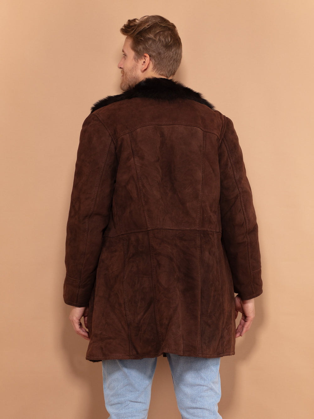 Vintage 90's Men Sheepskin Suede Coat in Chocolate Brown - NorthernGrip