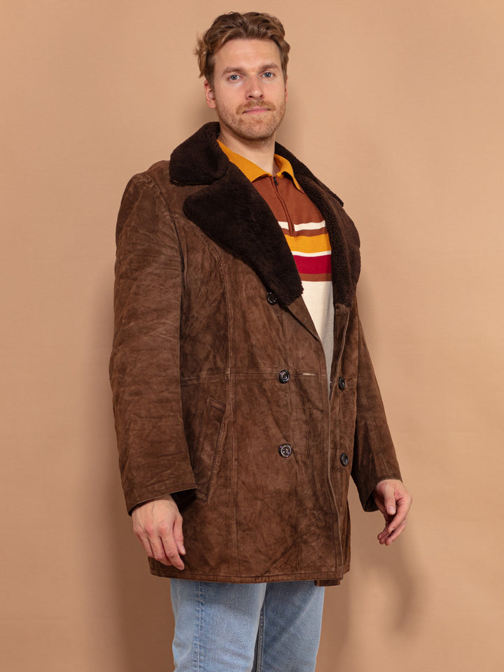Men Suede Sherpa Coat 90s, Size Large, Vintage Double Breasted Autumn Coat, Men Brown Faux Sheepskin Coat, Fall Outerwear
