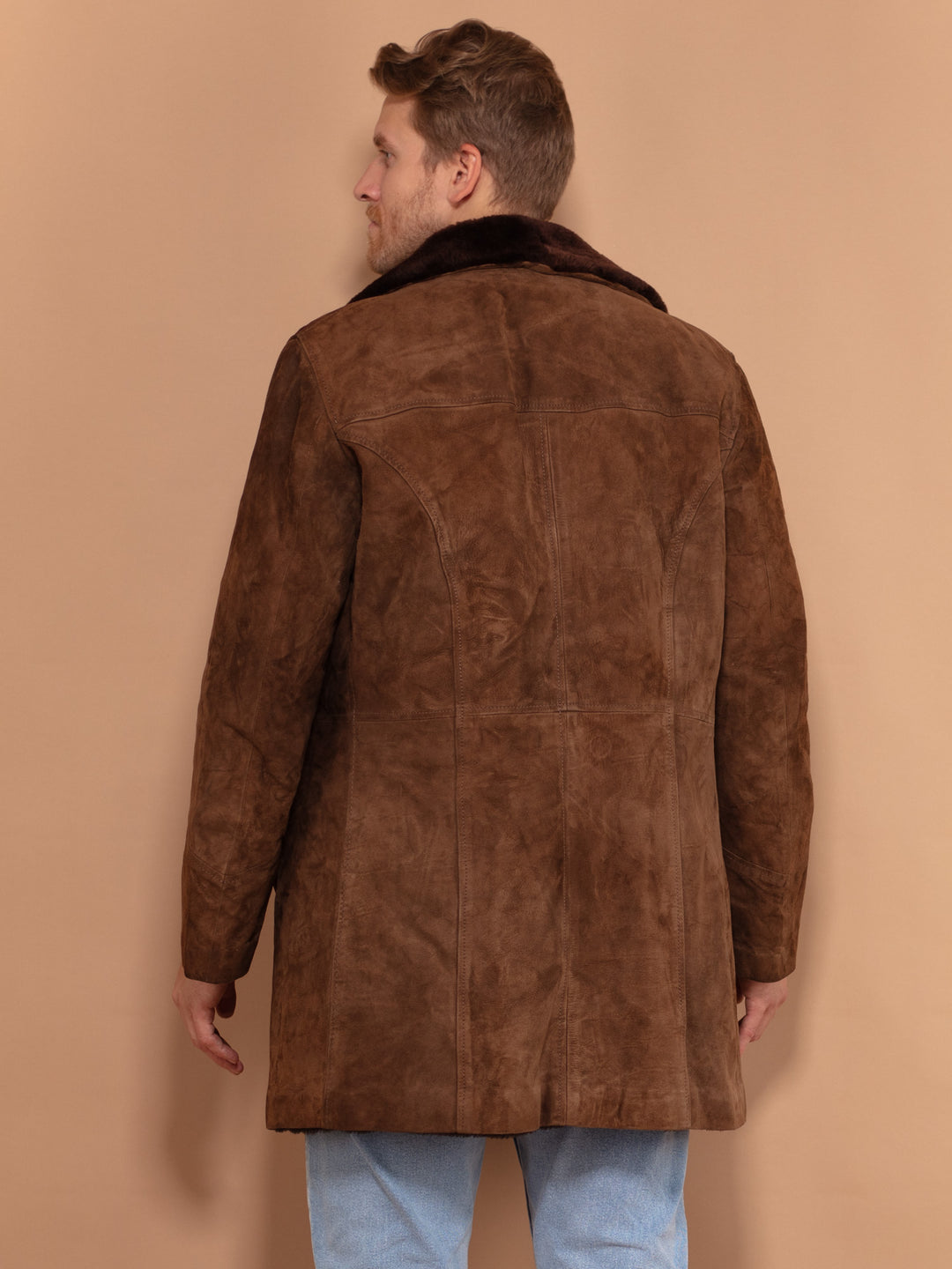 Double Breasted Suede Coat 90s, Size Large, Vintage Mens Brown Sherpa Coat, Faux Sheepskin Coat, Shearling Fur Collar Coat, Outerwear