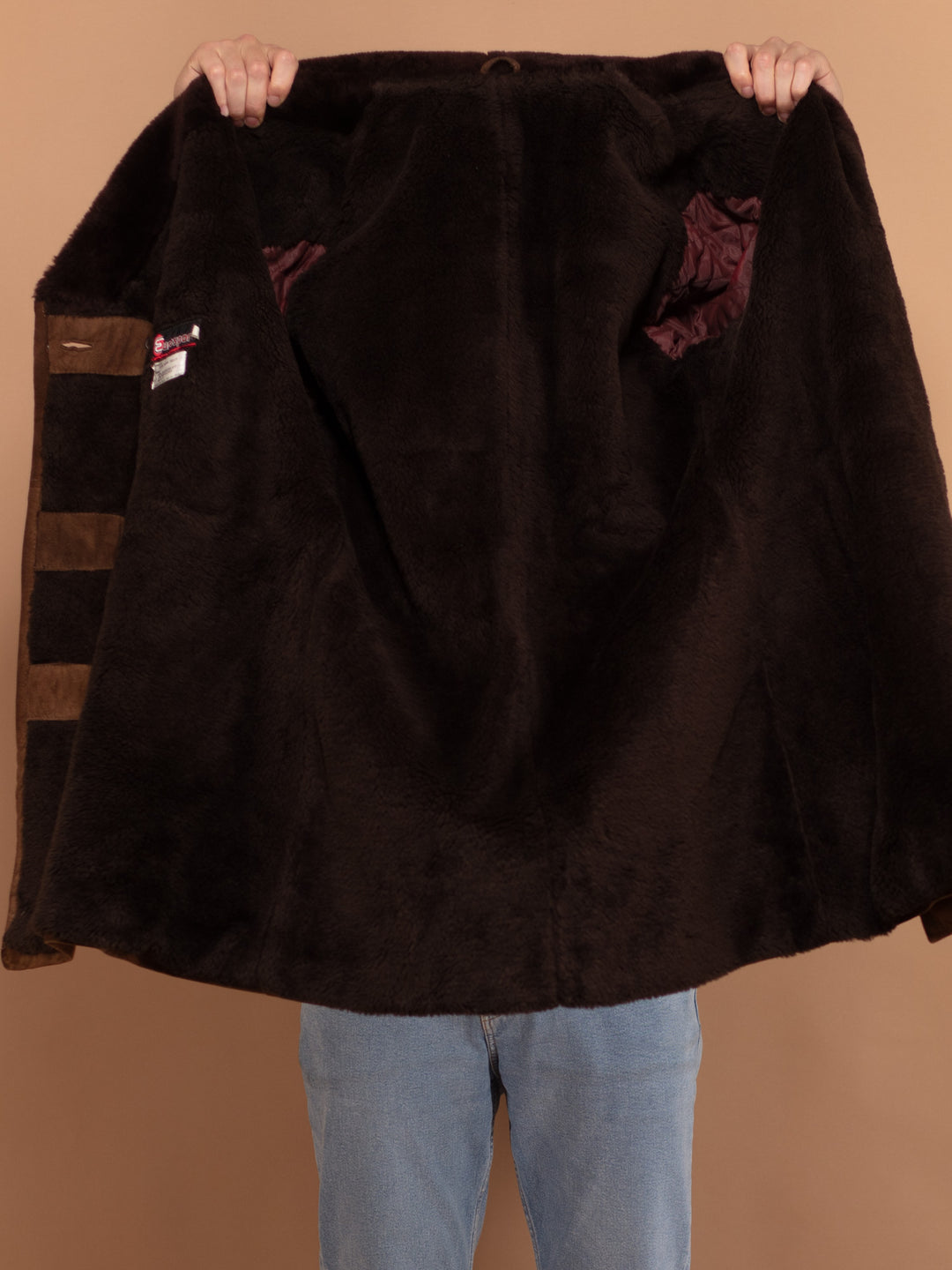 Double Breasted Suede Coat 90s, Size Large, Vintage Mens Brown Sherpa Coat, Faux Sheepskin Coat, Shearling Fur Collar Coat, Outerwear
