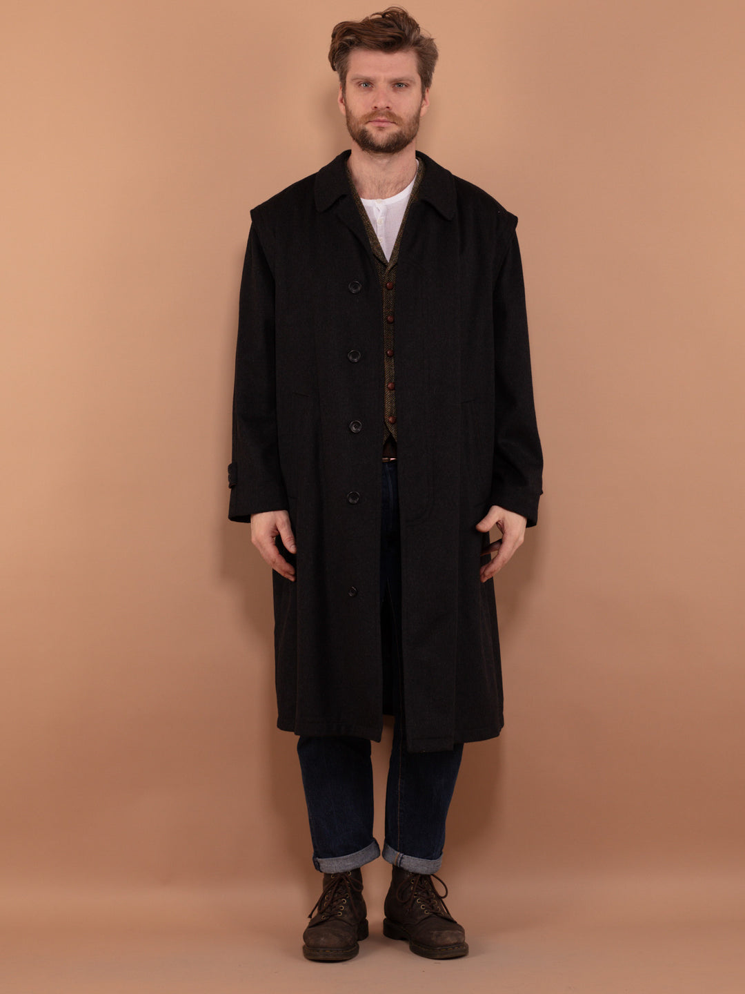 Longline Wool Blend Coat 90s, Size XL, Men Minimalist Coat, Dark Gray Wool Overcoat, Vintage Oversized Coat, Spring Outerwear, Business Coat