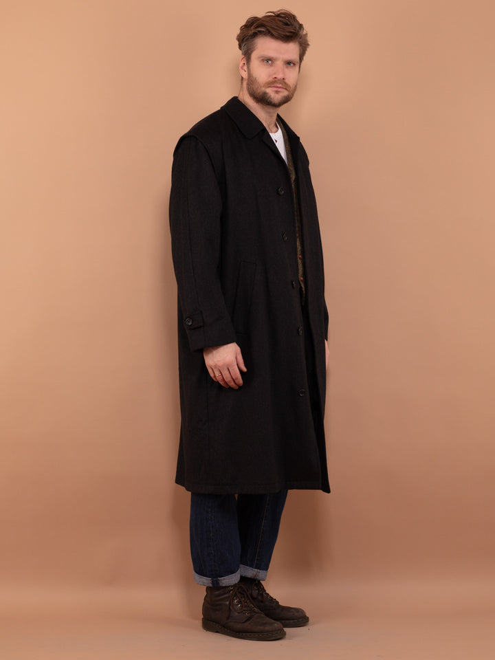 Longline Wool Blend Coat 90s, Size XL, Men Minimalist Coat, Dark Gray Wool Overcoat, Vintage Oversized Coat, Spring Outerwear, Business Coat