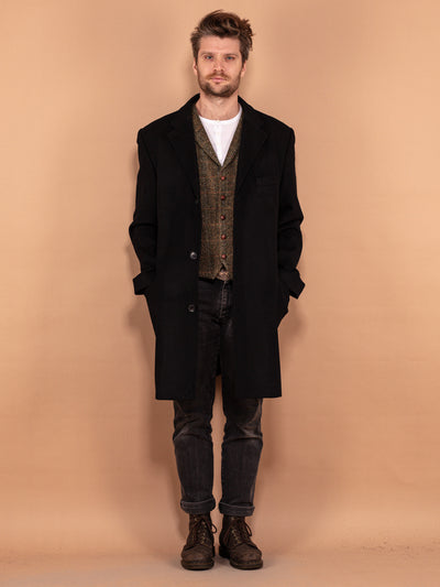 Wool and Cashmere Coat 90's, Size L Large, Men Vintage Lightweight Overcoat, Black Wool Blend Coat, Minimalist Style Elegant Outerwear