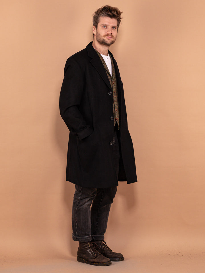 Wool and Cashmere Coat 90's, Size L Large, Men Vintage Lightweight Overcoat, Black Wool Blend Coat, Minimalist Style Elegant Outerwear