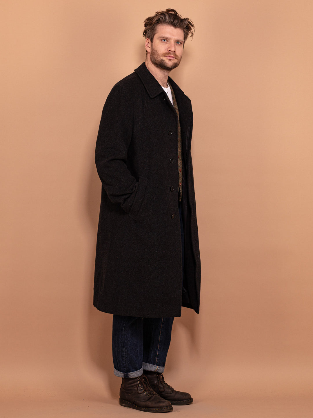 Wool and Cashmere Coat 90's, Size L Large, Men Vintage Overcoat, Dark Gray Wool Blend Coat, Minimalist Style Elegant Outerwear, Menswear