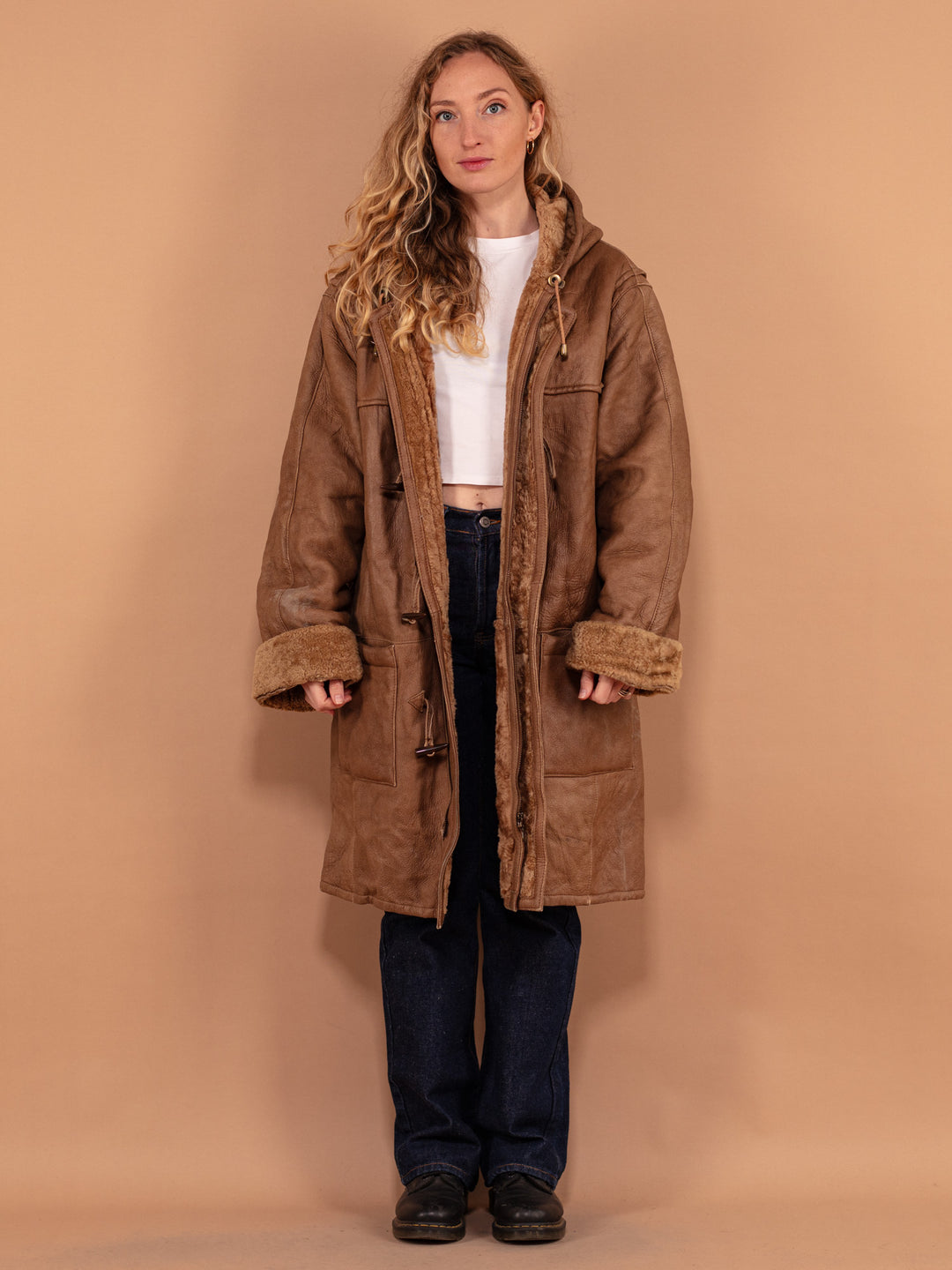 Oversized 90's Shearling Coat, Size XL, Vintage Women Casual Winter Coat, Brown Leather Duffle Coat, Zip Up Toggle Coat, 90s Sheep Outerwear