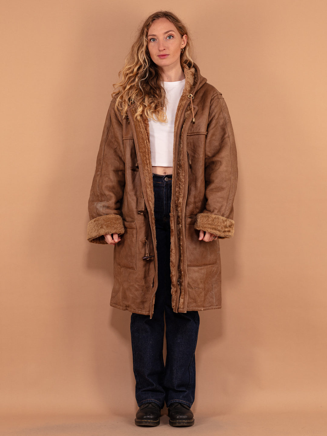 Hooded Coat Vintage Sheepskin Coat Womens Long Shearling