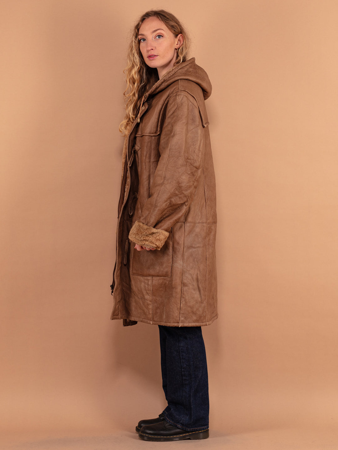 Oversized 90's Shearling Coat, Size XL, Vintage Women Casual Winter Coat, Brown Leather Duffle Coat, Zip Up Toggle Coat, 90s Sheep Outerwear