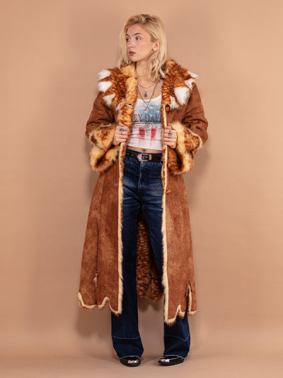 Boho Penny Lane Coat 90's, Size Small, Vintage Bohemian Outerwear, Extravagant Women Hippie Coat, Long Faux Fur Coat, Cruelty Free Coat
