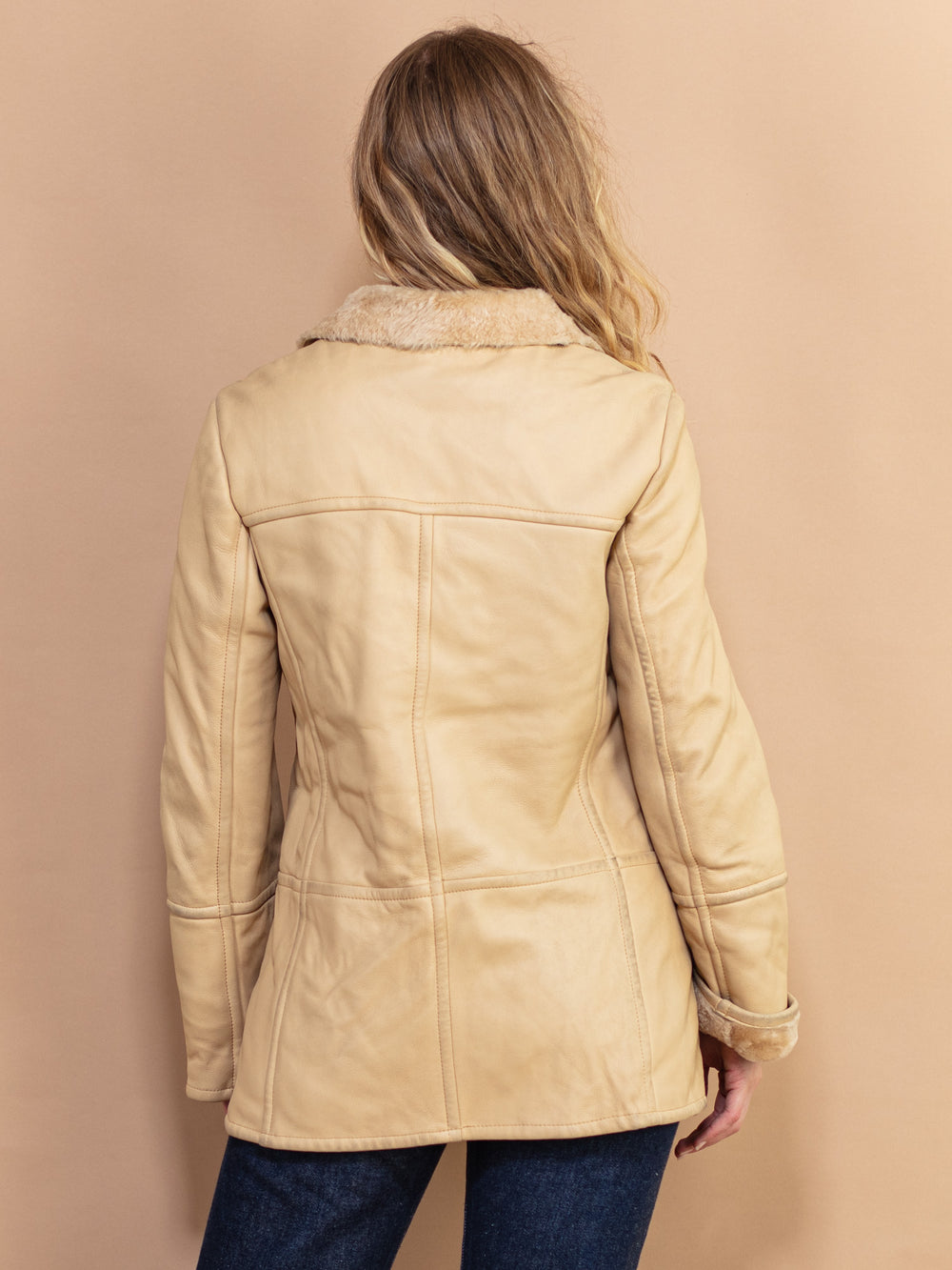 Vintage 90's Women Hugo Boss Sheepskin Leather Coat in Beige - NorthernGrip