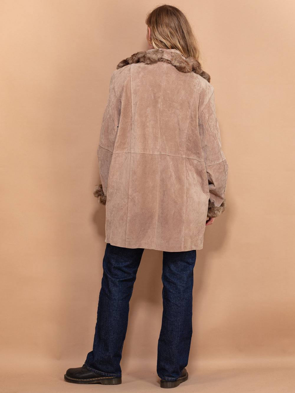 Vintage 90's Women Faux Fur Trimmed Suede Coat in Beige - NorthernGrip