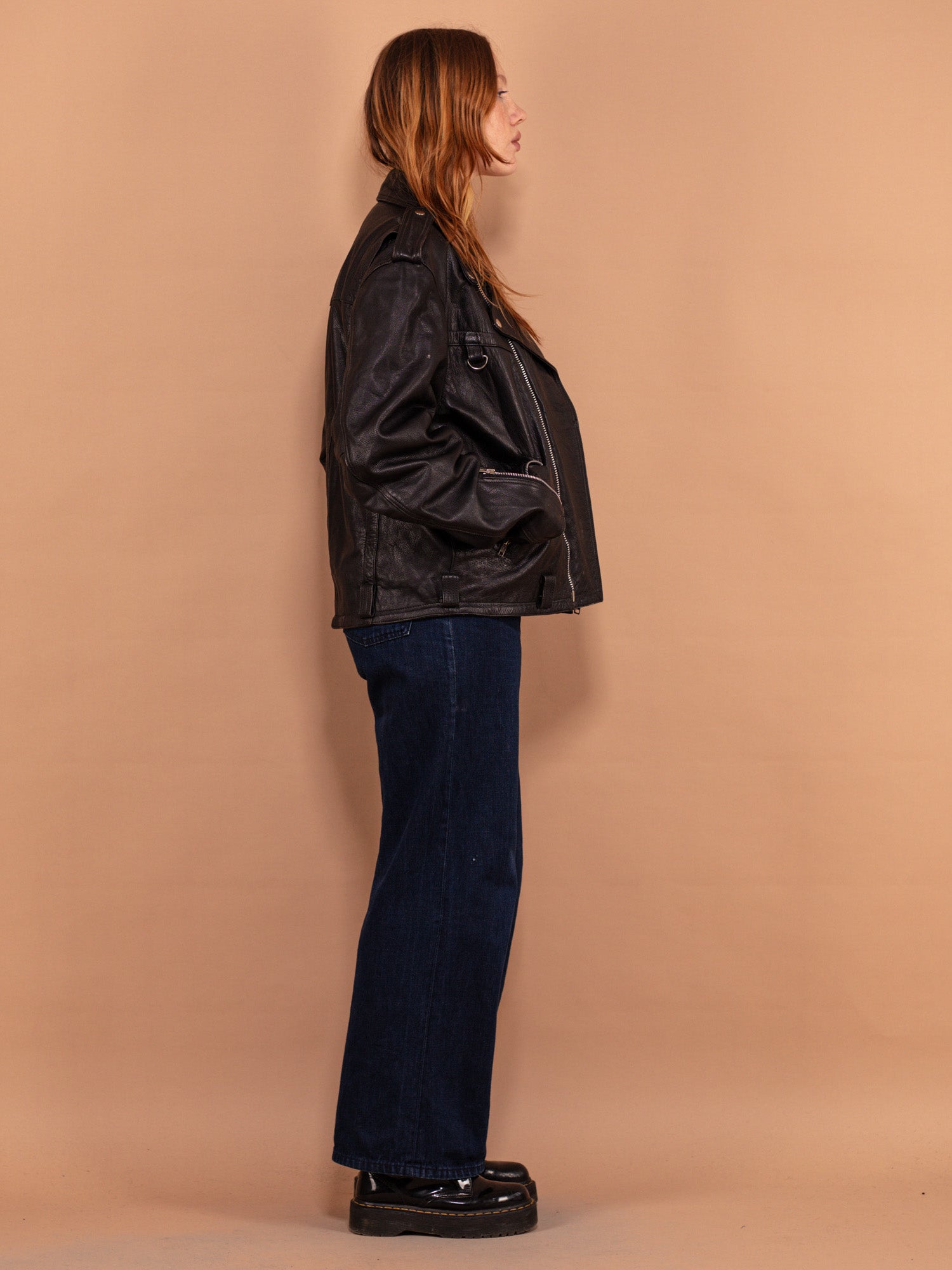 Online Vintage Store | 90's Women Leather Biker Jacket in Black