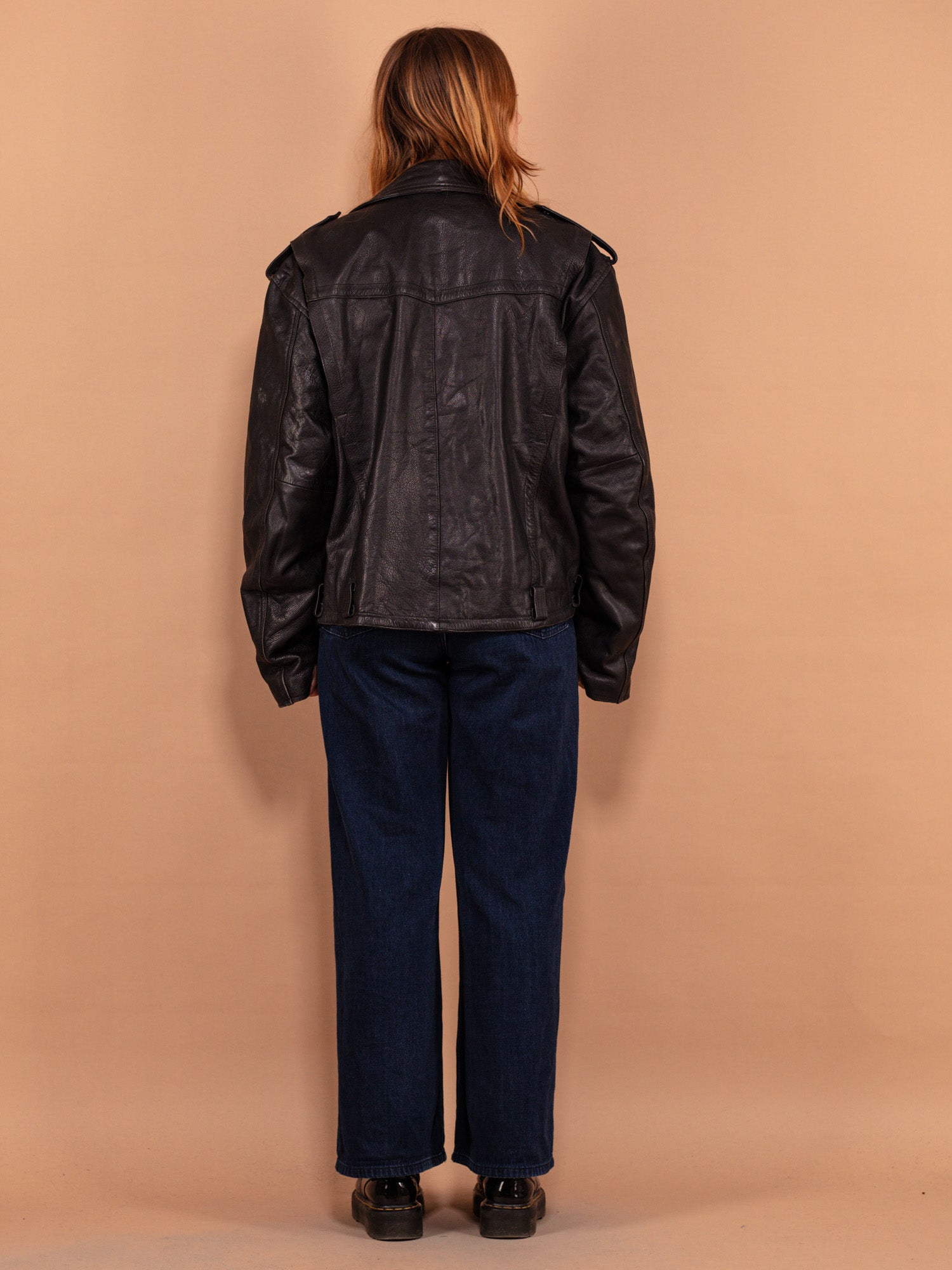 Online Vintage Store | 90's Women Leather Biker Jacket in Black