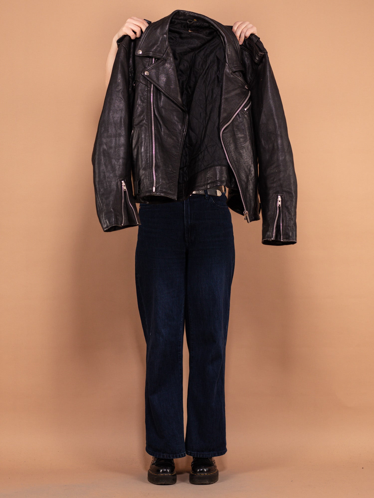 Online Vintage Store | 90's Women Leather Biker Jacket in Black
