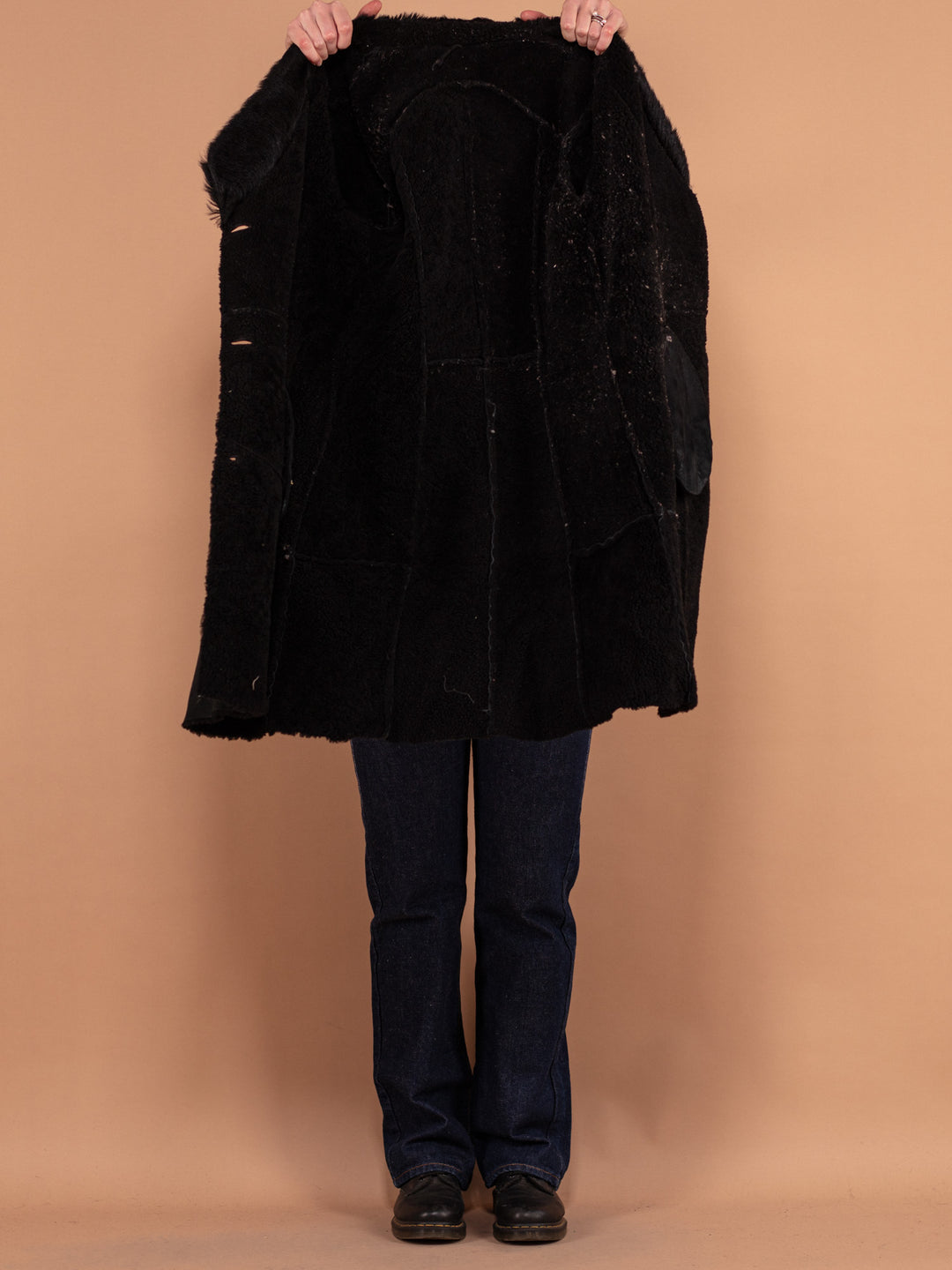 Black Sheepskin Fur Coat 90s, Size Small, Women Black Suede Overcoat, Double Breasted Classy Coat, Vintage Outerwear, Feminine Clothing