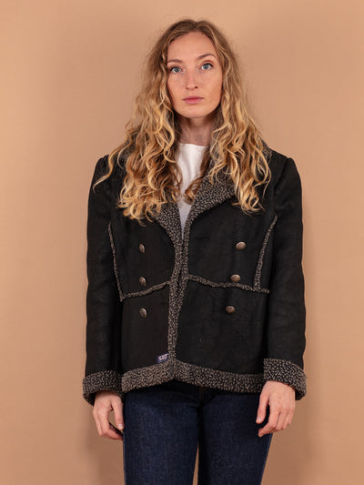 90's Black Sherpa Jacket, Size Medium, Vintage Women Casual Jacket, Military Style Short Coat, Vegan Faux Sheepskin Jacket, Autumn Clothing