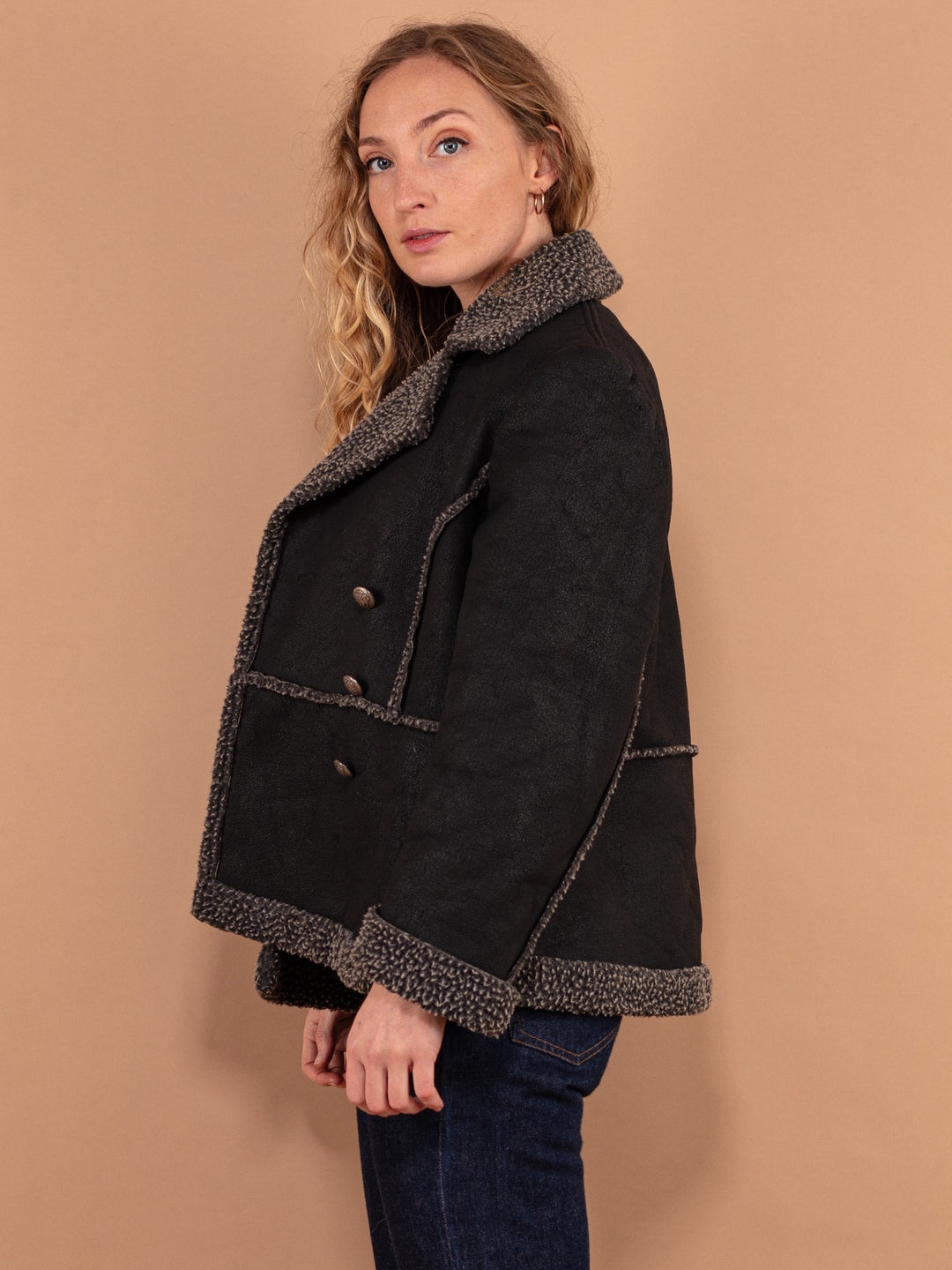 90's Black Sherpa Jacket, Size Medium, Vintage Women Casual Jacket, Military Style Short Coat, Vegan Faux Sheepskin Jacket, Autumn Clothing