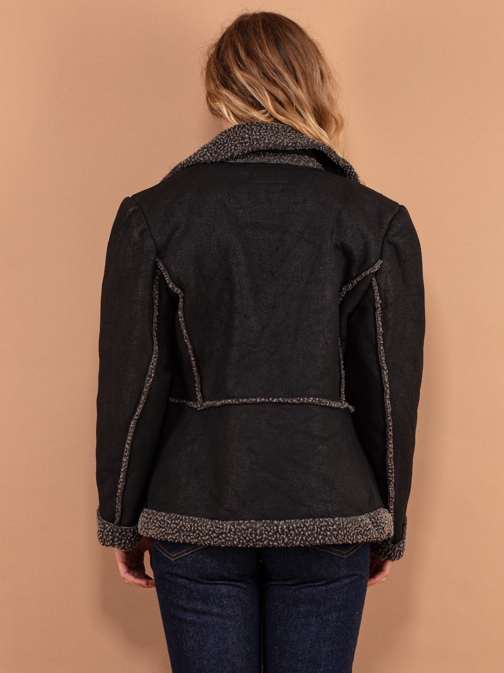 Vintage 90's Women Faux Suede Sherpa Jacket in Black - NorthernGrip
