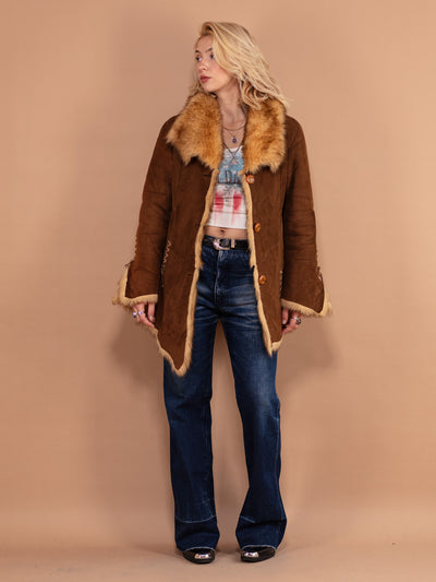 Boho Penny Lane Coat 90's, Size Medium, Vintage Bohemian Outerwear, Faux Fur Lined Women Hippie Coat, Cruelty Free Coat, Women Gift