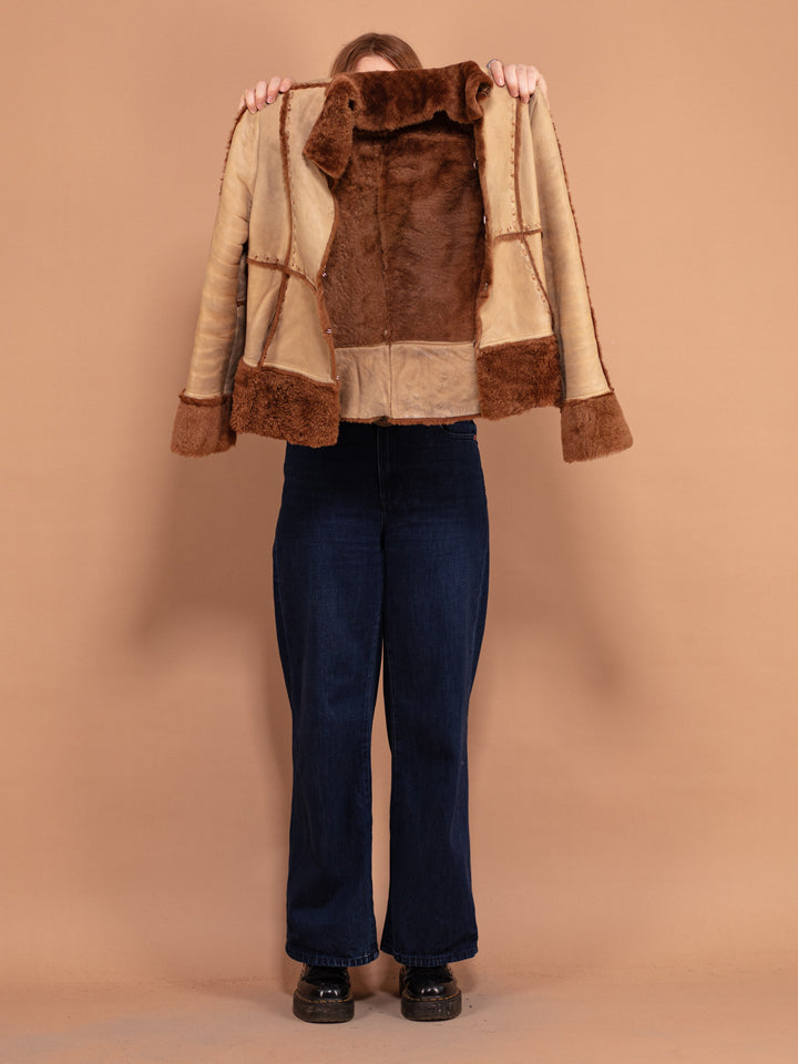 90s Boho Sheepskin Jacket, Size S Small, Women Shearling Jacket, Brown Beige Sheep Fur Jacket, Vintage Leather Jacket, Fall Spring Outerwear