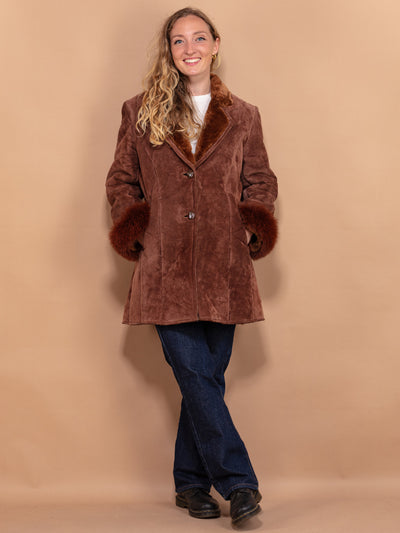 Suede Sherpa Coat 90s, Size Large, Brown Faux Sheepskin Coat, Sherpa Trim Afghan Coat, Retro Suede Coat, Sustainable Vintage Clothing
