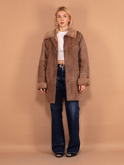 Casual 90's Sheepskin Coat, Size Medium, Vintage Women Winter Coat, Brown Leather Coat, Button Up Coat, 90s Sheep Outerwear, Retro Coat