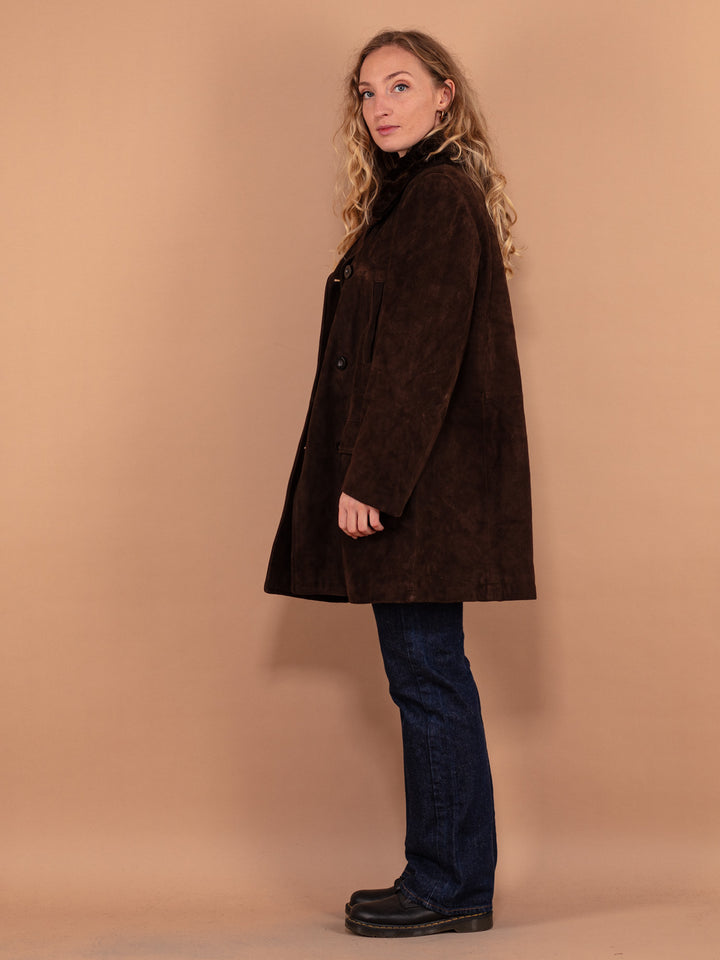 Vintage Brown Suede Coat 90's, Size Large, Faux Fur Collar Autumn Coat, Women Suede Peacoat, Classic Style Outerwear, Retro Leather Coat