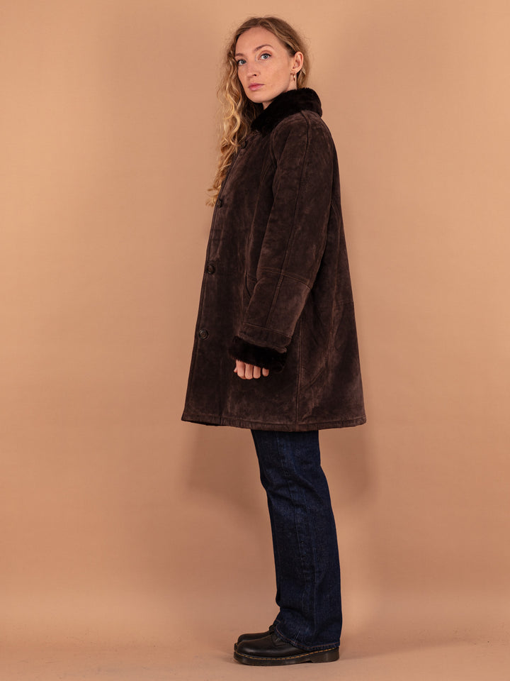 Suede Sherpa Coat 90's, Size XL, Women Oversized Winter Coat, Vintage Faux Sheepskin Shearling Coat, Dark Brown Overcoat, Suede Outerwear