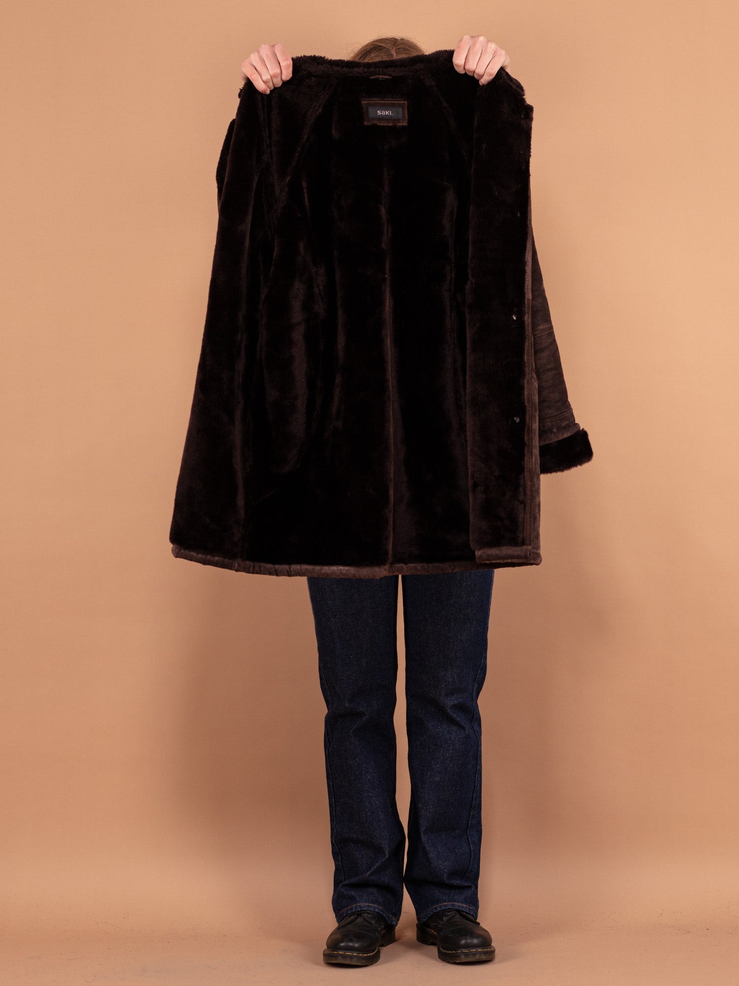 Online Vintage Store | 90's Women Suede Sherpa Coat in Dark Brown