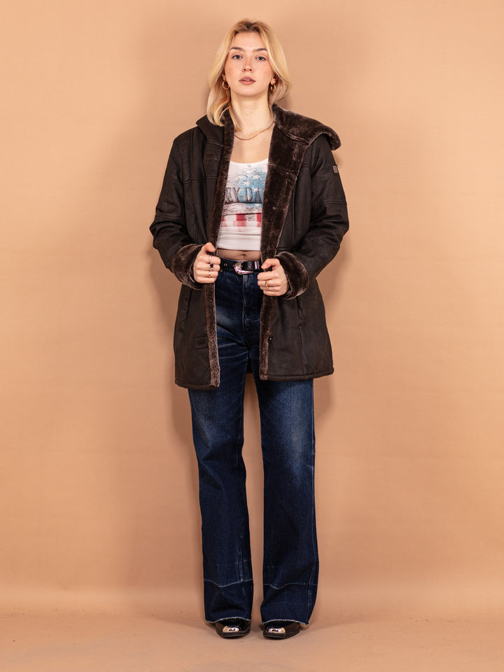 Vintage 90's Women Faux Fur Lined Leather Coat in Dark Brown - NorthernGrip