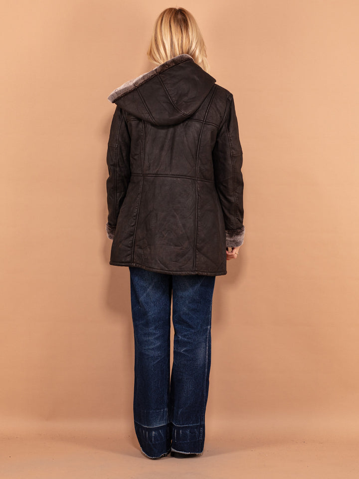 Vintage 90's Women Faux Fur Lined Leather Coat in Dark Brown - NorthernGrip