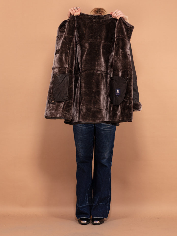 Vintage 90's Women Faux Fur Lined Leather Coat in Dark Brown - NorthernGrip
