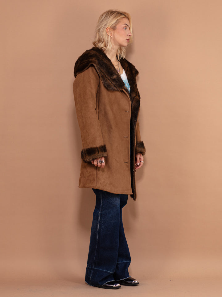 90's Faux Fur Lined Coat, Size Small, Vintage Women Boho Classic Coat, Vegan Suede Sherpa Coat, Brown Overcoat, Hooded Button Up Coat