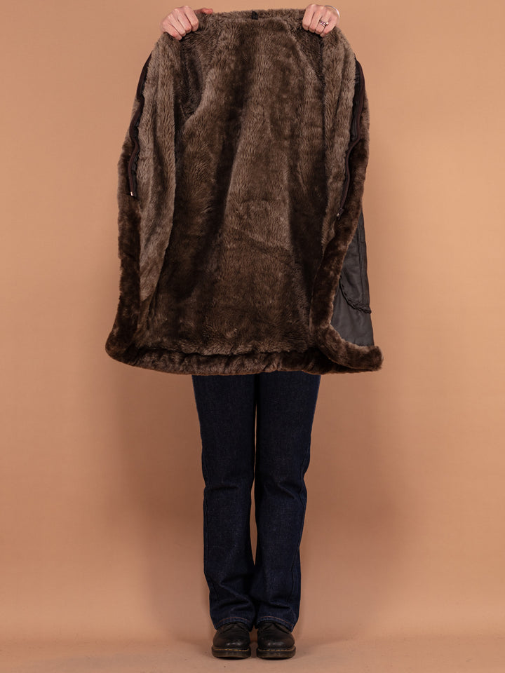 Faux Leather Penny Lane Coat 90's, Size Small, Vintage Sherpa Lined Winter Coat, Dark Brown Faux Shearling Coat, Outerwear, Vegan Sheepskin
