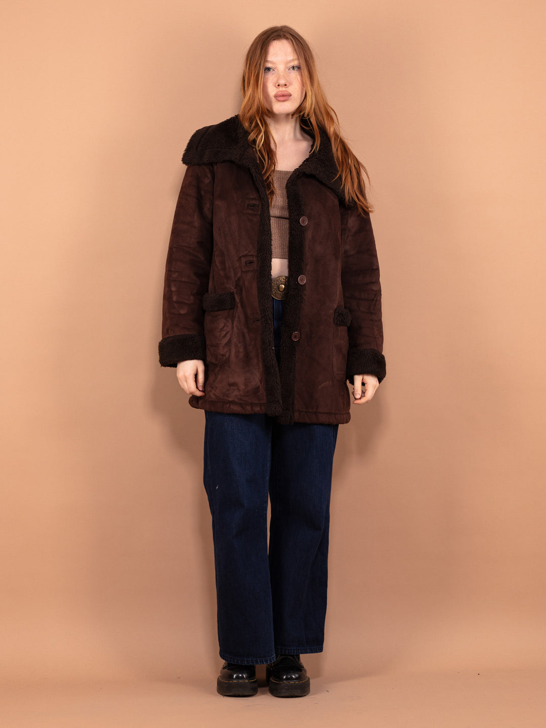 90s Faux Sheepskin Coat, Size L Large, Dark Brown Vintage Sherpa Coat, Oversized Women Jacket, Button Up Warm Spring Coat, Outerwear