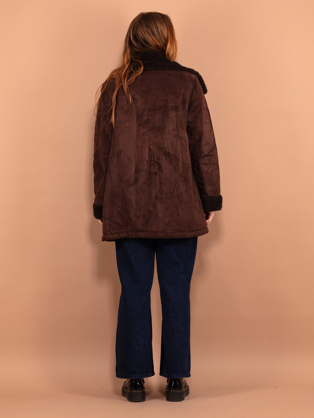Vintage 90's Women Faux Sheepskin Coat in Dark Brown - NorthernGrip