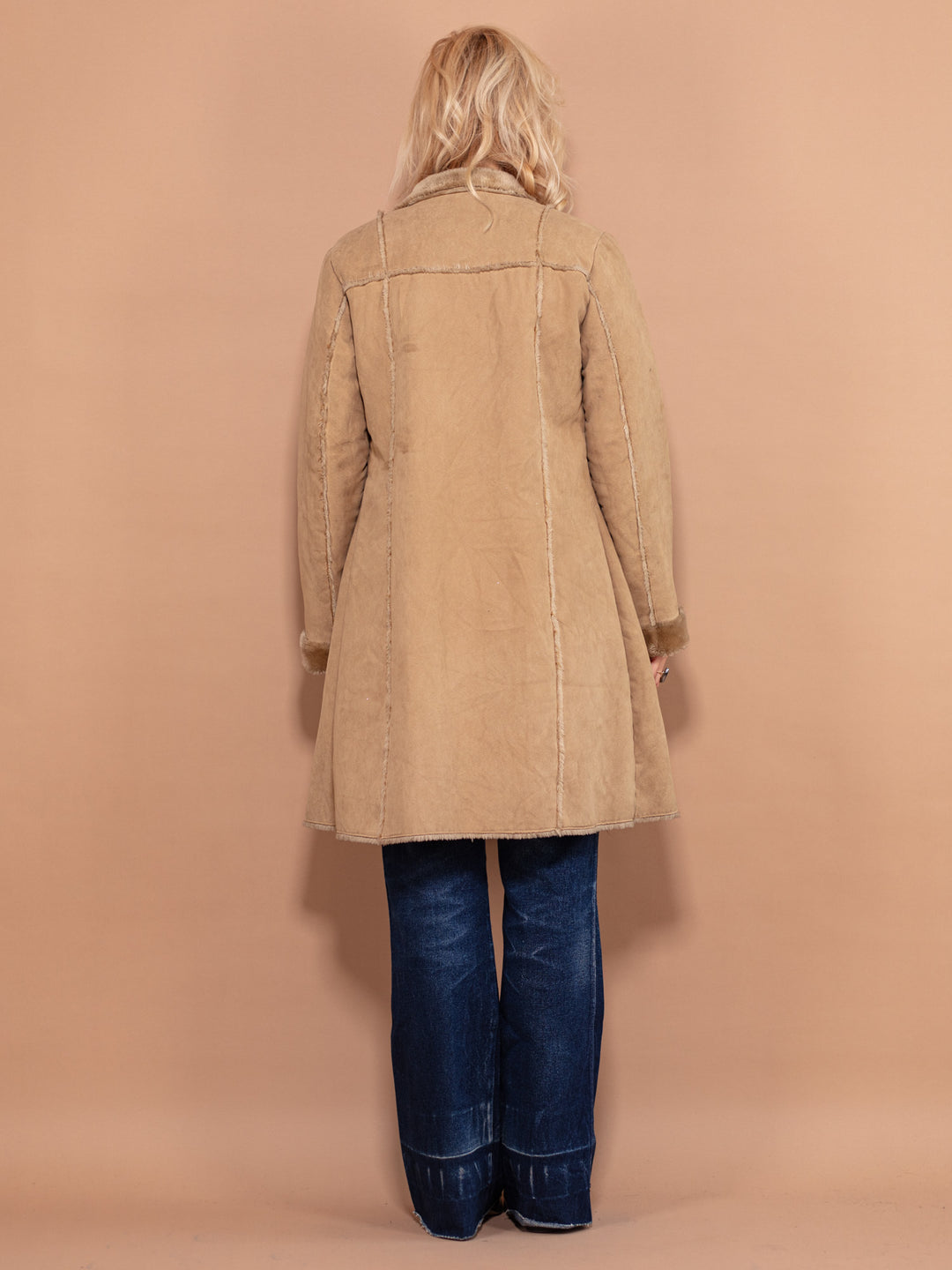 90's Faux Sheepskin Coat, Size Small, Vintage Women Sherpa Coat, Beige Zip Up Coat, Casual Boho Coat, Women Winter Wear, 90's Clothing